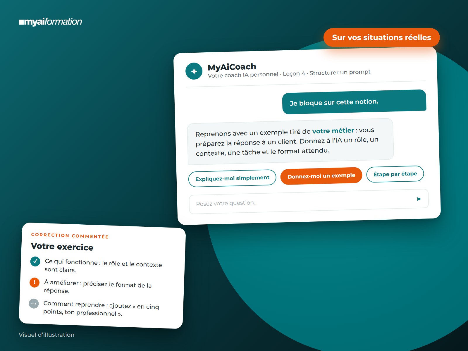 MyAiCoach explique une notion avec un exemple tiré de votre métier et corrige votre exercice
